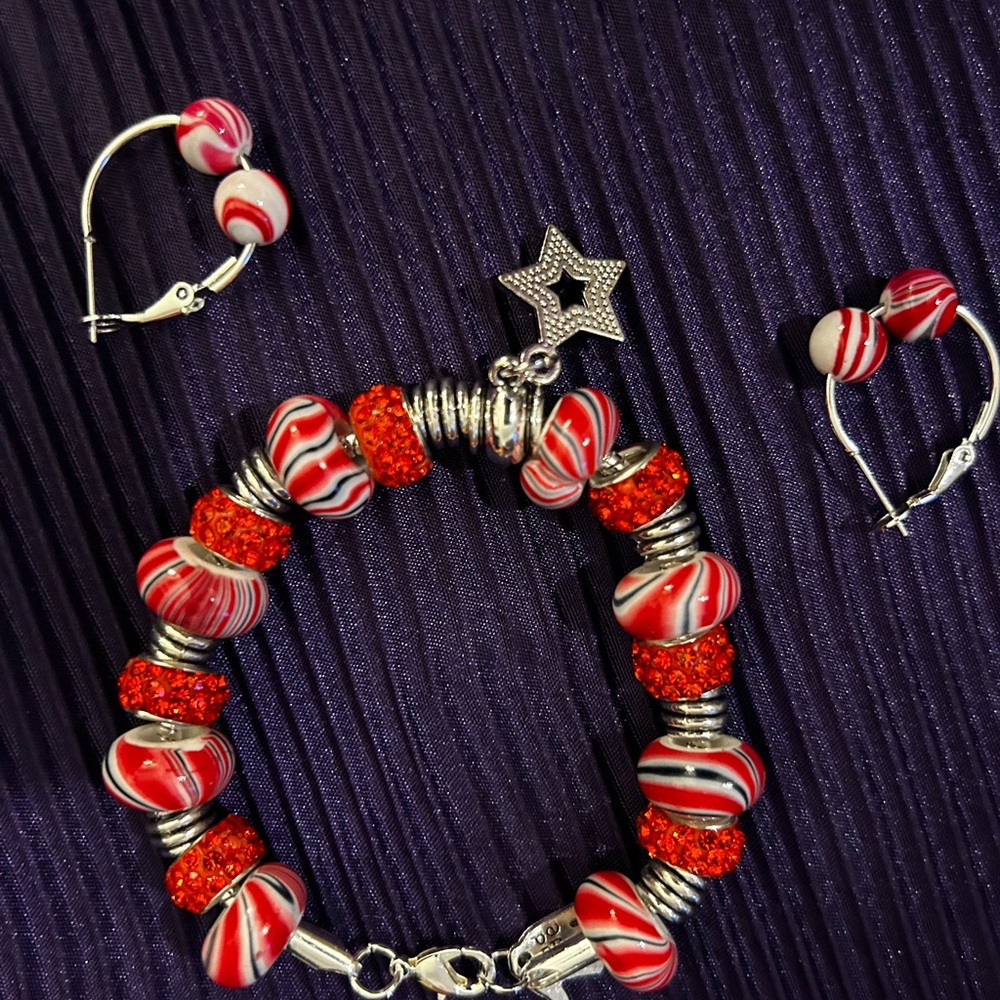 Red and Silver Beaded Bracelet and Earring Set
